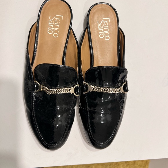 Franco Sarto Black Patent Mules with Silver Chain - Picture 2 of 5